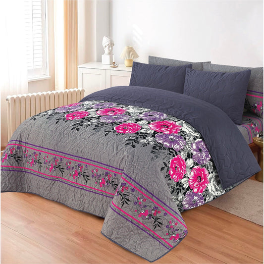 Premium grey 6pc comforter set king size with pink floral borders on a bed