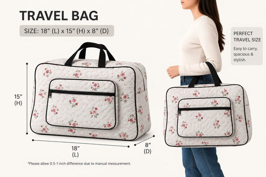 Front view of cotton quilted hand carry bags for travel with a secure zipper pocket.