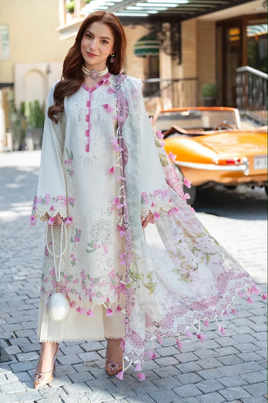 Model wearing the Jade winter collection 2026 pure Dhanak embroidered 3PC suit with pink floral details.