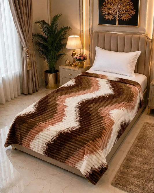 Single bed luxury AC blanket featuring an elegant brown and neutral wavy stripe pattern in a modern bedroom.