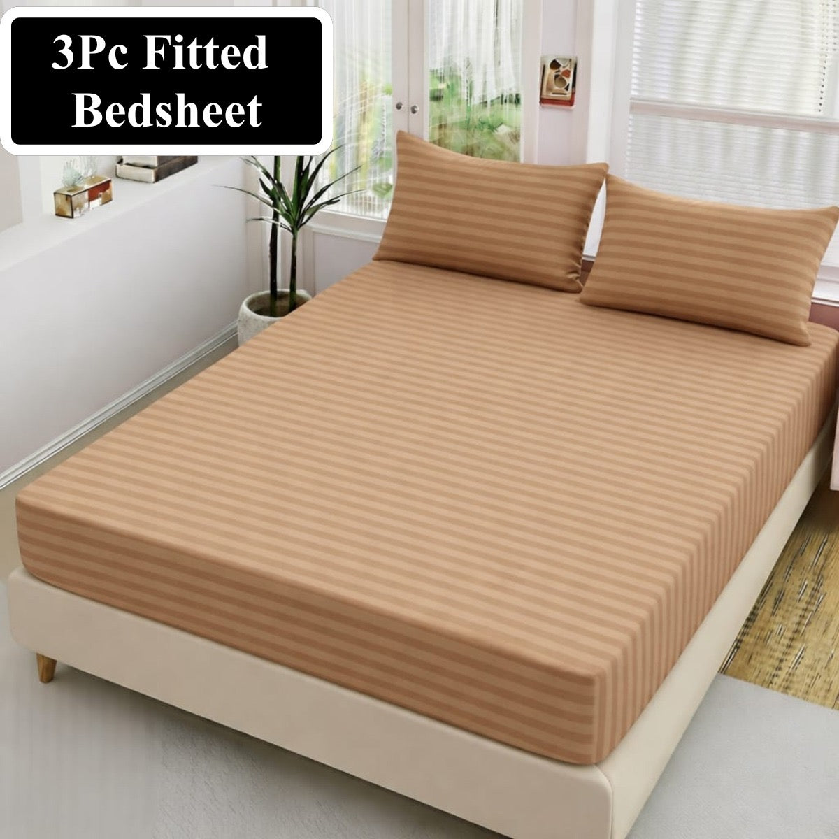 Luxury 3PC China Satin stripe fitted bed sheet set for king size bed in bedroom