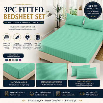 Luxury 3PC China Satin stripe fitted bed sheet set for king size bed in bedroom