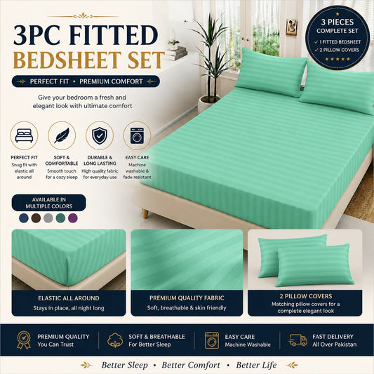 Luxury 3PC China Satin stripe fitted bed sheet set for king size bed in bedroom