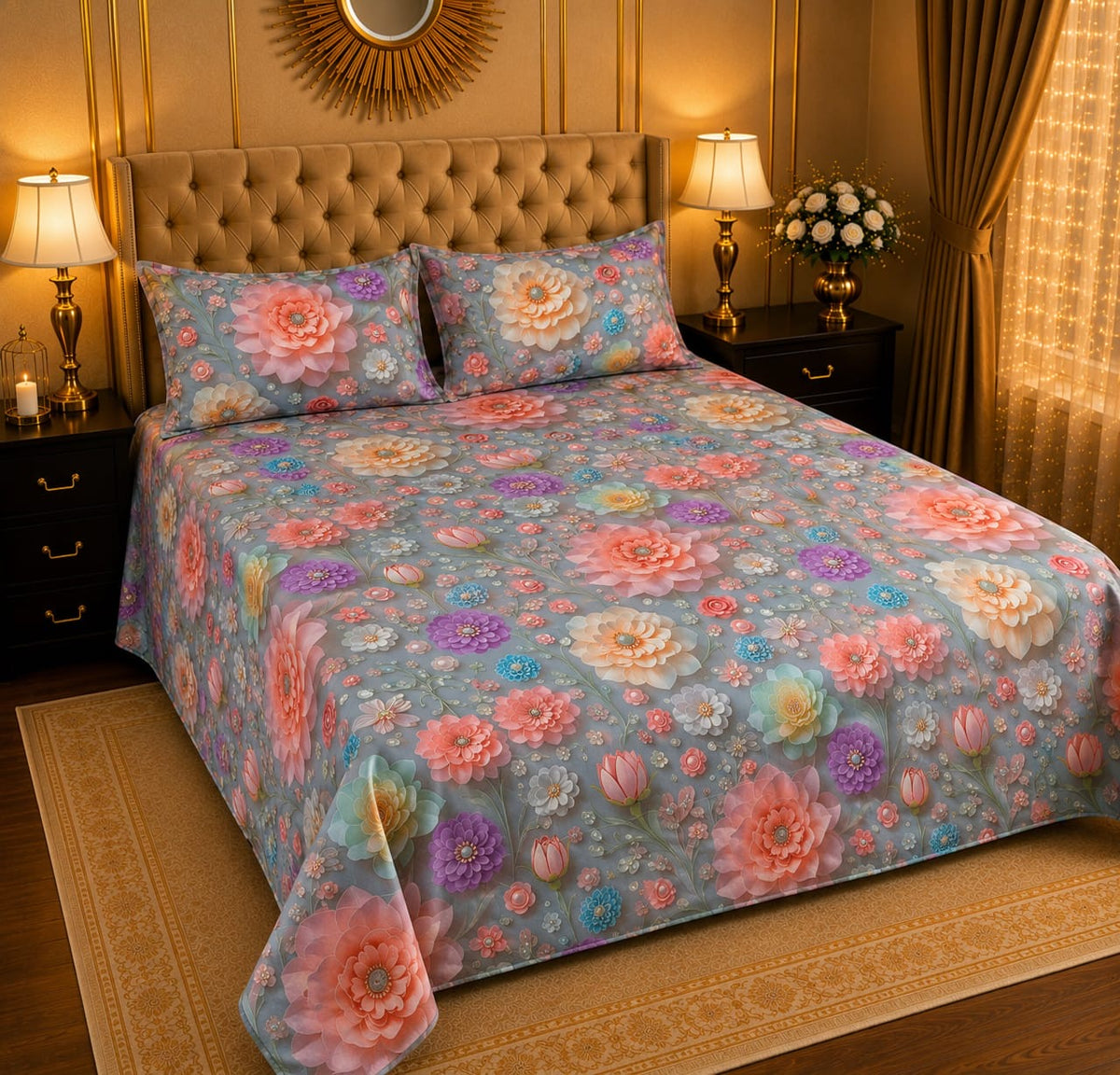 Pastel floral 3d cotton satin king size bed sheet with matching pillow covers featuring multi-colored blooming flowers on a light grey-blue background.