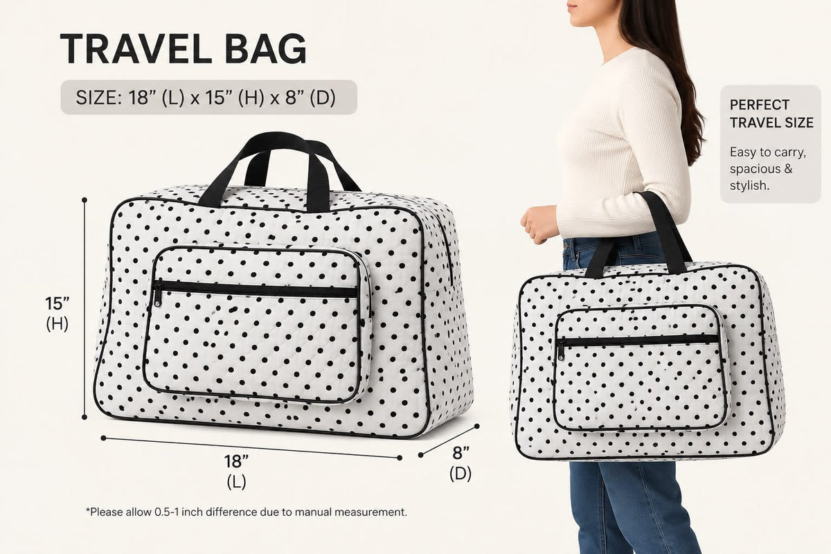 Stylish black and white polka dot hand carry bags for travel, modeled by a woman carrying it over her shoulder.