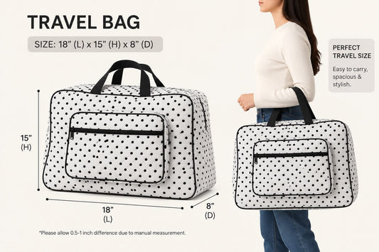 Stylish black and white polka dot hand carry bags for travel, modeled by a woman carrying it over her shoulder.