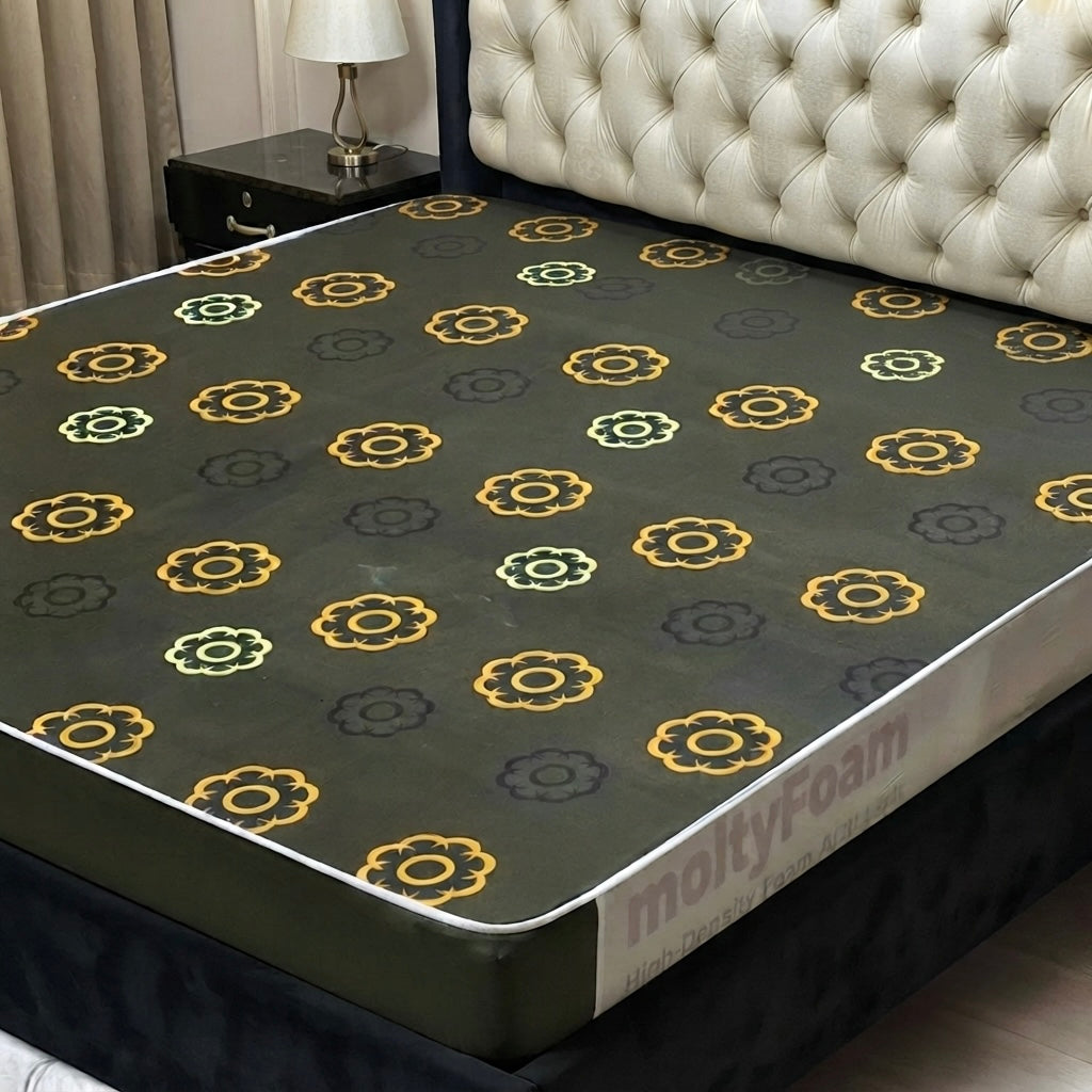 Printed waterproof mattress cover king size with fitted four side elastic on a luxury bed.