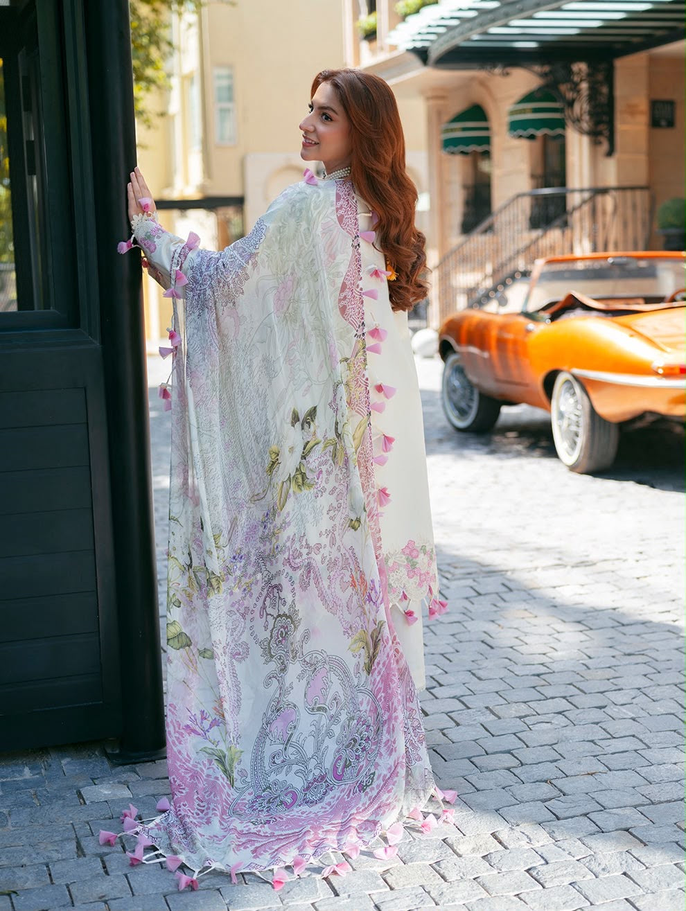 Digital printed Pashmina shawl paired with the unstitched Jade winter collection suit.