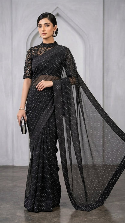 Sheesha Silk Starry Yet Black saree with net embroidered petti
