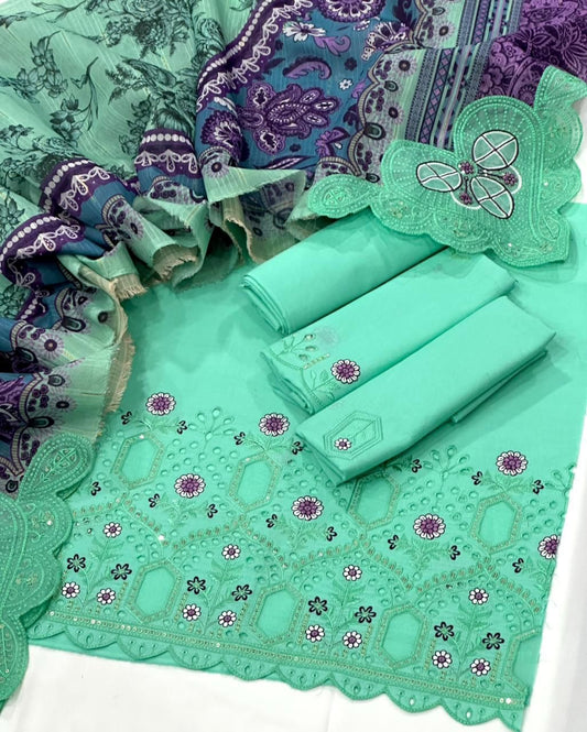 lawn 3pc Chicken kari Daman with sleeves& Fancy Motive Duppata