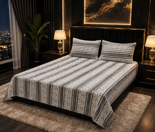 King size grey and white striped fleece bedsheet with botanical pattern