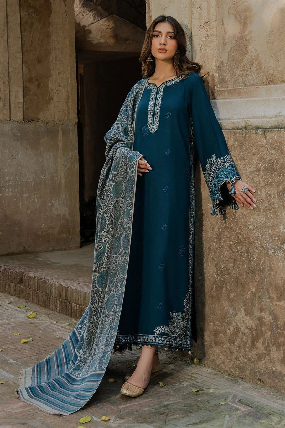 Close-up of exquisite silver and grey embroidery on the neckline and sleeves of the teal Airjet Dhanak fabric.