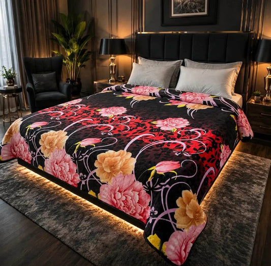 Vibrant red and yellow floral patterned double bed AC blanket made of soft fleece