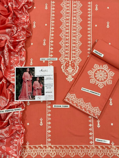 Complete unstitched soft peach 3pc suit by Aneelas, featuring an embroidered shirt, dyed trouser, and Pashmina shawl for Rs. 3450.