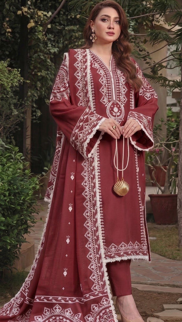 Complete unstitched maroon 3pc suit by Aneelas, featuring embroidered shirt, dyed trouser, and Pashmina shawl for Rs. 3450.